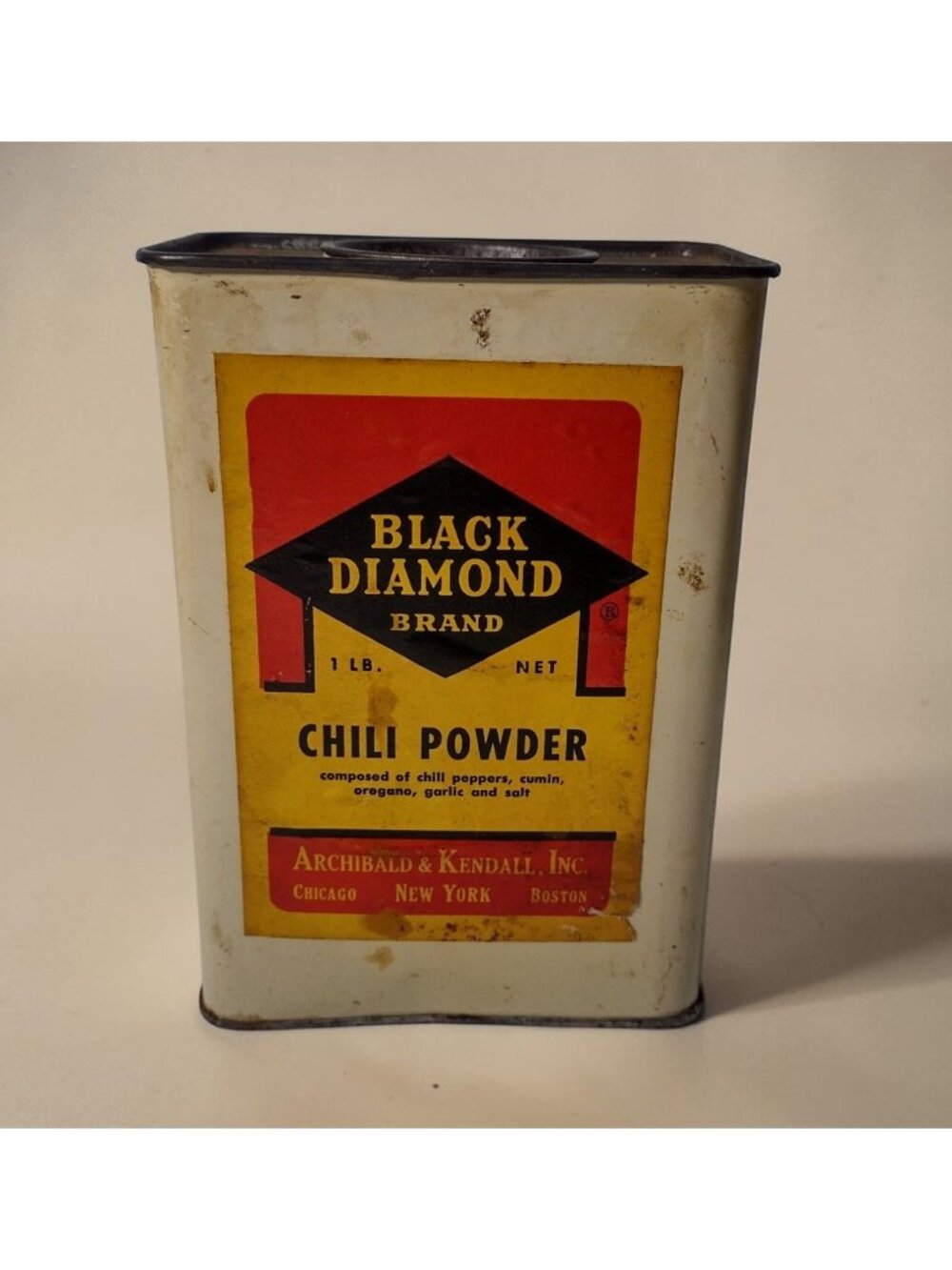 Vintage Black Diamond Brand Chili Powder Tin 6" Archibald & Kendall 1 lb Empty